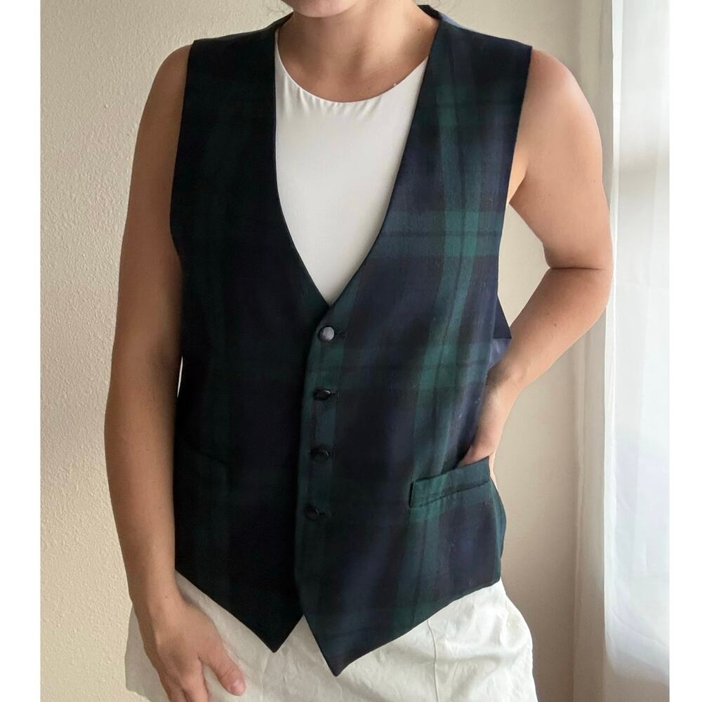 Navy Green tartan Plaid Waistcoat Vest christmas holiday winter preppy formal